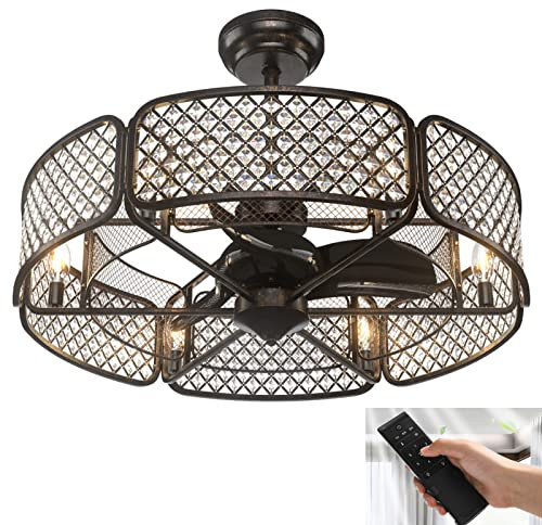 TANGZON Ceiling Fan with Lamp, Crystal Fan Lights with Remote Control, 3 Reversible Blades, 6 Speeds, 8H Timer & 2 Mounting Ways, Retro Silent Ceiling Lamp for Living Dining Room Bedroom