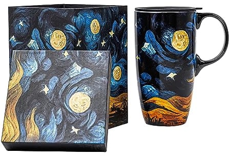 Topadorn Ceramic Travel Mug with Lid and Handle Gift for Coffee Lovers Ceramic Coffee Mug Latte Teacup Milk Mug in Color Box 17 Oz, Starry Sky