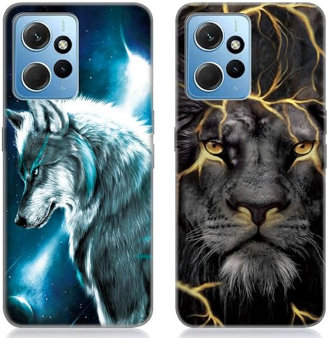 DiaryTown 2 Stück Xiaomi Redmi Note 12 4G Hülle Tier Muster Motiv Handyhülle Ultra Dünn Silikon Schwarz Case Kratzfest Stoßfeste Schutzhülle Weich TPU Bumper Cover für Redmi Note 12 4G - Wolf & Löwe