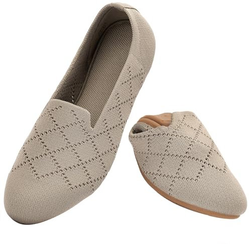 Puxowe Women's Ballet Flats Shoes Slip On Knit Dress Shoes Pumps Round Toe Ballerinas for Woman Comfort Soft 7.5 UK Khaki