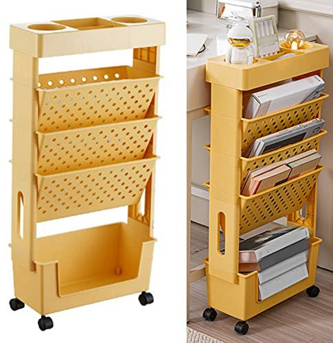 AYNEFY Bewegliches Bücherregal mit Mehrschichtiger Kapazität, Drehbar, Abnehmbar, aus Kunststoff, Praktisches Rollendes Organisationsregal, Bewegliches Lagerregal mit Rad (Orange)
