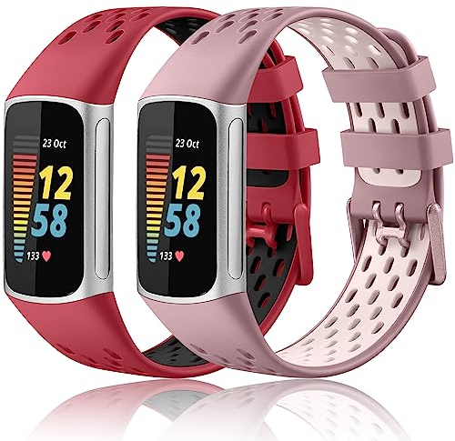 Dirrelo Armband Kompatibel mit Fitbit Charge 5 Armband/Fitbit Charge 6 Armband, Weiche Atmungsaktiv Silikon Verstellbar Wasserdicht Sport Ersatz Armband für Charge 5/6 Armband,Rot/Schwarz+Grau/Pulver