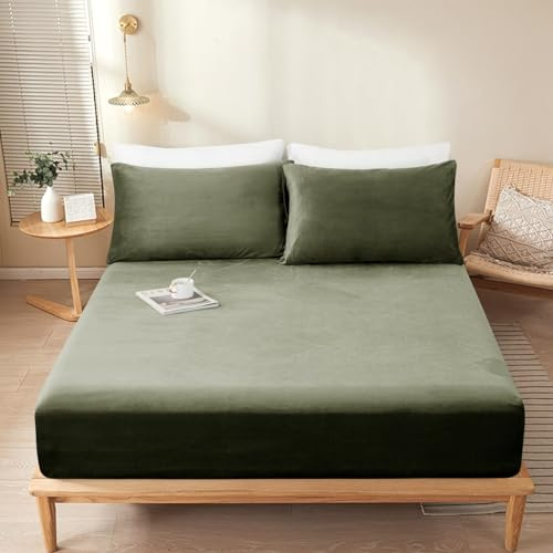 Lanqinglv Flanell Spannbettlaken Bettlaken 140x200 cm bis 25-35 cm Steghöhe Boxspringbett Topper Flauschige Warme Samt Boxspringbett Spannbetttuch Leintuch Cashmere Touch,Grün Martinigrün