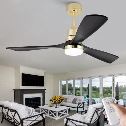 BOJUE Ventiladores de techo dorados de 52 pulgadas con luces y aspas de madera sólida negra - Ventilador de techo moderno con control remoto para interiores y exteriores, granja, habitación de