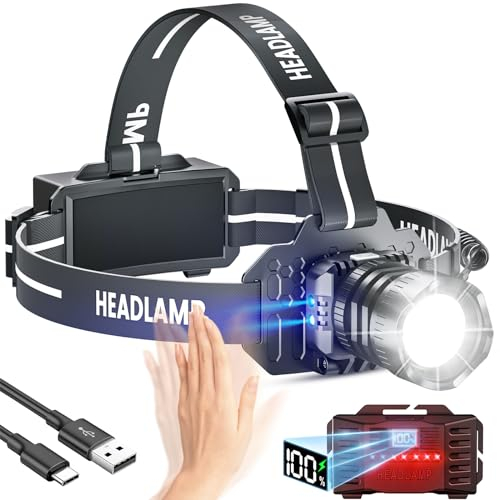 Sogdeco Head Torch Rechargeable 8 Light Modes 5000LM Super Bright Led Headtorch with Red Warning Light,Sensor Control,Head Torch Waterproof IPX6 for Camping Running Fishing Hiking