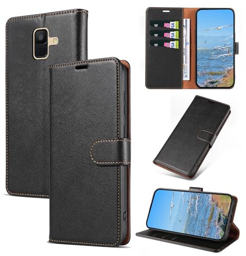 KKEIKO Handyhülle für Samsung Galaxy A6 2018 Hülle, Magnet Klappbar Handyhülle mit Kartenfach, PU Leder Stoßfest Schutzhülle für Samsung A6 2018, Schwarz