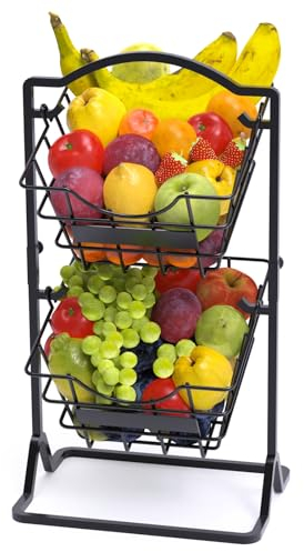 HZE fruteros de cocina de alambre, negro mate frutero 2 pisos con soporte, fruteros de cocina modernos para encimeras de cocina para organizar pan, fruta y verdura