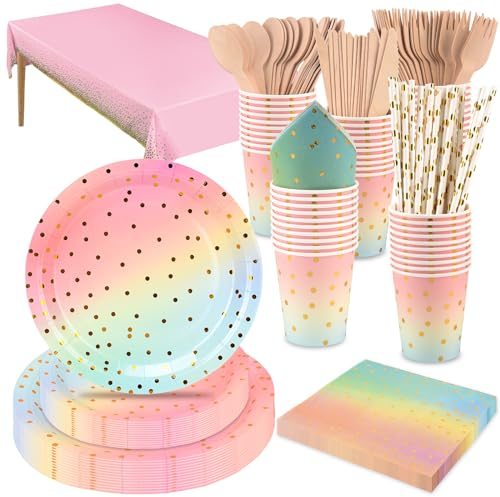 CEILIWEN - Juego de vajilla desechable para fiesta de 201 piezas, color rosa y dorado, incluye mantel, platos de papel de 9 y 7 pulgadas, vaso, servilleta, pajita, cubiertos de madera