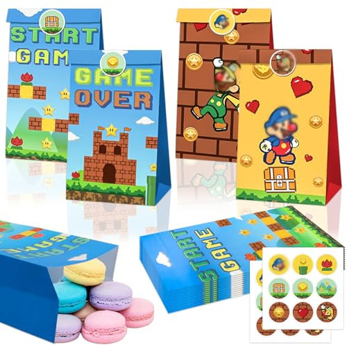 Super Geschenktüten Bros- 12Pcs Papiertüten mit 18 Aufkleber Sticker Kinder Party Geschenktüte Mitgebsel Kindergeburtstag Candy Bar Süßigkeiten Tüten Halloween Geschenken Giveaways Party Bags Supplies