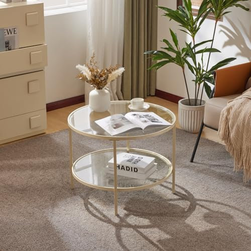 VINGLI Couchtisch aus Glas, 65 cm, runder Couchtisch, transparenter Glas-Couchtisch für Wohnzimmer, 2-stöckiger Couchtisch mit Stauraum, moderner Mitteltisch mit beigem Rahmen, Mesa de Centro Para