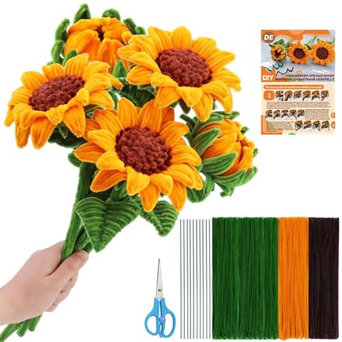 430 Stück Pfeifenreiniger zum Basteln, Sonnenblumen Blumenstrauß Pfeifenputzer zum Basteln, Pfeifenreiniger Blumen Set, Anleitung, Schere, 10 Stück Blumendraht pfeifenputzer zum Handwer Dekorationen