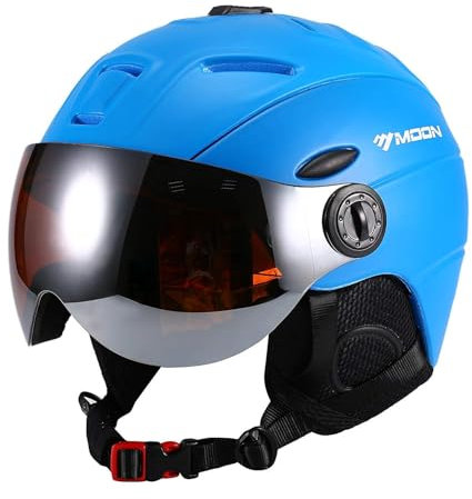 TentHome Ski Snowboard Helmet with Attached Detachable Photochromatic Polarizing Goggles (Blue, M(55-58 cm))