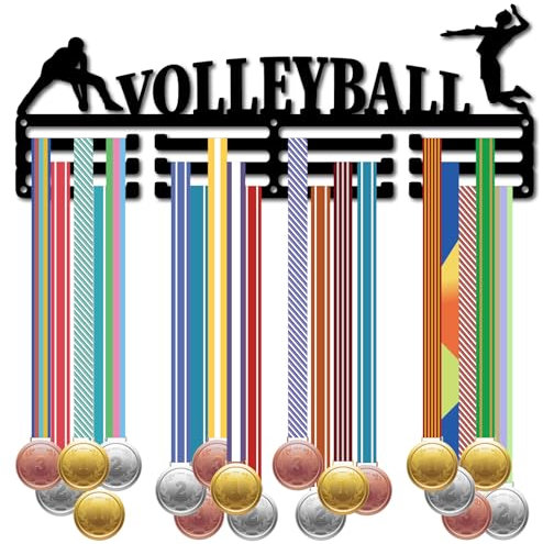 CREATCABIN Volleyball Medaillenaufhänger Sportmedaillenhalter Anzeige Auszeichnungsband Bänder Organizer Metall Schwarz Gestell Montiert Aufhängen An Der Wand 60+ Medaillen Sport Geschenke 40x15cm