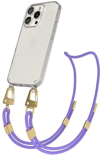 EAZY CASE - Handykette mit Karabiner kompatibel mit iPhone 16 Pro - Hülle Silikonhülle Fallschutz transparente Handyhülle Kette zum Umhängen Schutzhülle in Lavendel Lila - Clips Gold