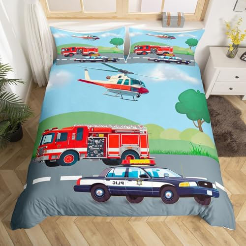 Homemissing Bettbezug für Feuerwehrauto, Polizeiauto und Flugzeug - 140 x 200 cm - Für Jungen und Jugendliche - Auto-Bettwäsche und Zimmerdekoration