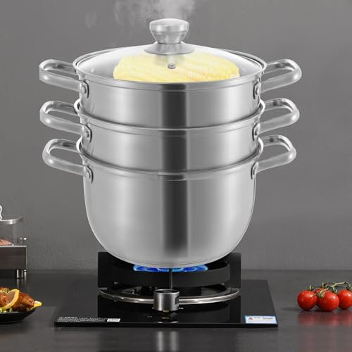 Vaporera de acero inoxidable con 3 niveles, olla de acero inoxidable con inserto de vapor, 1,2 L, 24 cm
