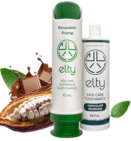 Elty™ Chocolate Milkshake Toothpaste -Natural, Fluoride-Free, Refillable with Hydroxyapatite, Remineralising, Co-Designed with Dentist.Toxic Free Oral Care, 2+Years, UK Made,75ml, incl. Reusable Pump