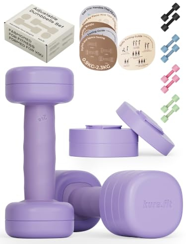 kure.fit Verstellbares Hantel-Set, 0,9 kg, 1,4 kg, 1,8 kg, 2,3 kg, leichte Handgewichte für Damen, One-Twist Gewichtseinstellung, rutschfester, gebogener Griff, freie Gewichte für Zuhause,