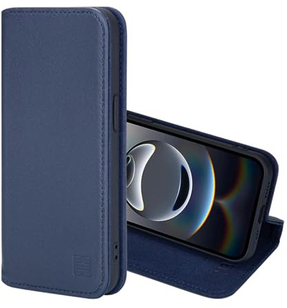 32nd Classic Series 2.0 - Real Leather Book Wallet Flip Case Cover For iPhone 17e/16e, With RFID Blocking Card Slot, Magnetic Closure and Built In Stand - Navy Blue