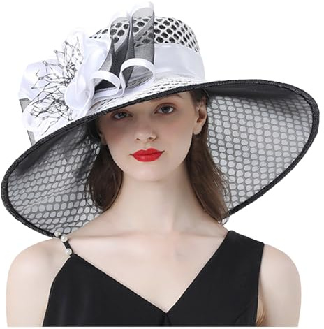 SRZYMJ Weiß Damen Organza Kirche Fascinator Hut Elegante Schleife Breite Krempe Brauthut Tea Party Hochzeit Sonnenhut Sonnenhut Damen Zum Binden Fischerhut Für Den Winter Stroh