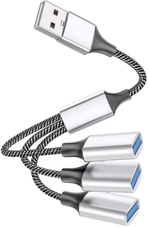 Répartiteur D’Alimentation USB à 3 Voies 1 Mâle vers 3 Femelles Argenté | Alliage D’aluminium et Nylon, 5 V/2 A Max, Protection Surintensité et Court-circuit