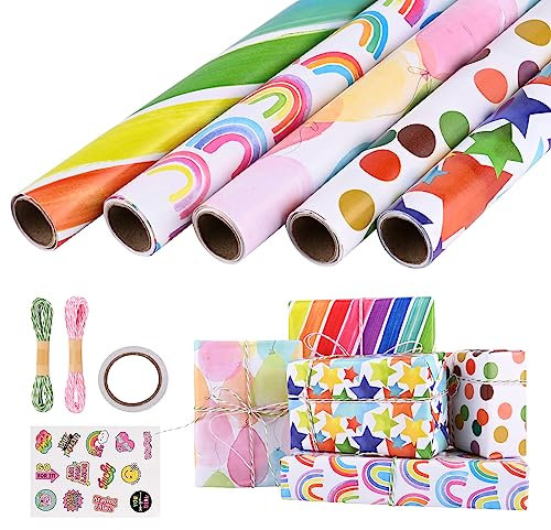 Gtuzkheu Geschenkpapier Set 5 Rollen, 300 x 43 cm Geschenkpapier Geburtstag und 2 Rolle Band, 1 Aufkleber, Geschenkpapier Kinder, Geschenkverpackung Papier für Weihnachten, Valentinstag, Muttertag