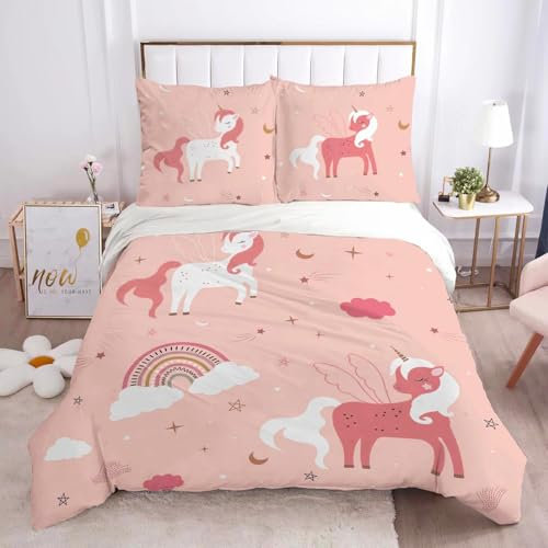 HOMHOMHA Licorne Enfant Housse De Couette Fille Parure De Lit 220x240 CM + 2Taie d'oreiller 65x65cm Impression Motif Imprimé en 3D Couleur Rainbow Rose 100% Microfibre