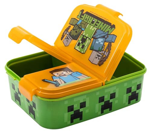 KP Pharma Minecraft - Lonchera con múltiples compartimentos para niños, duradera, sin BPA, con 3 compartimentos y tapa segura, perfecta para la escuela, picnics o aperitivos sobre la marcha