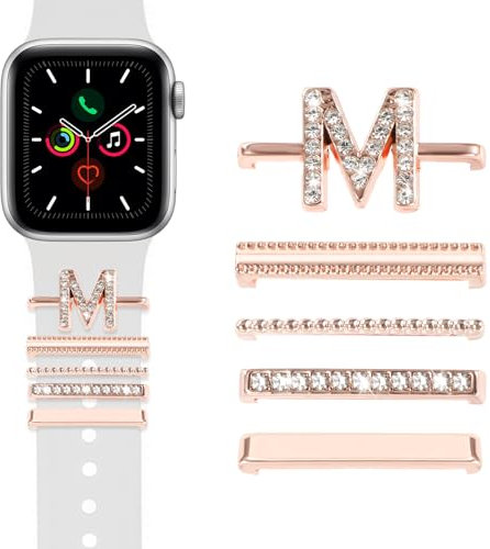 MWOOT 5 Stück Armband Charm Kompatibel mit Apple Watch Series 10 9 8 7 6 5 4 3 2 1 SE Band, Dekorative Ringe und Schlaufen (ohne Armband), Buchstabe M