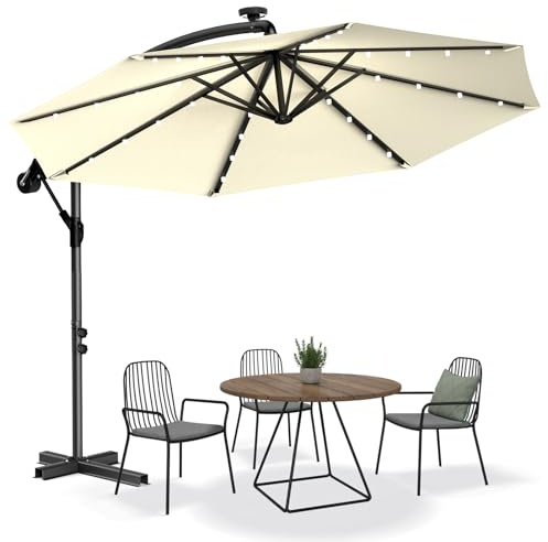 Alpstorm Parasol Jardin UV40+ Rotatif 360° Antivent 8 Armatures - Manivelle Alu, 32 LEDs Intégrées (4/armature), Design Moderne pour Terrasse (300CM,Beige)
