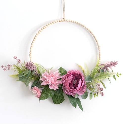 LOMOHOO Door Wreath Spring Summer Wreaths Peony Wreaths Hanging for Front Door Pink Artificial Flower Wreath for Outdoor Indoor Party Wedding Farmhouse Wall Window Home Decor All Year