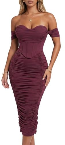 CurvySweet Scarlett Women's Off the Shoulder Faux-Corset Ruched Midi Dress | Built-in Bra, bodycon curve hugging fit, elegant and sexy style, perfect for wedding guest, cocktail party and formal events