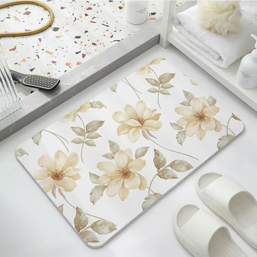 Topzywlc Stone Bath Mat Diatomite Quick Dry Bath Mat Non Slip Anti Mould Absorbent Magic Mat for Bathroom Floor Comes with Non-slip Pad and Sandpaper (Flowers, 39 * 60 * 0.9cm)