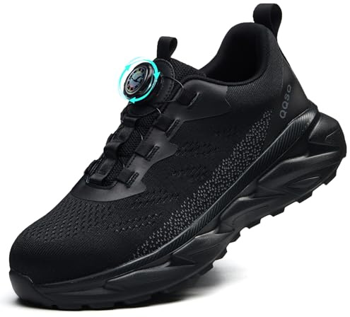 QQSQ Scarpe Antinfortunistiche Uomo Scarpe da Lavoro Donna Leggere Traspiranti Comode Sneakers Antiscivolo Scarpe Sicurezza con Punta in Acciaio Regolazione Rapida dei Lacc Nero, 43 EU