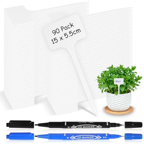 Chuner 90 Stück Pflanzenschilder aus Kunststoff, Pflanzschilder Weiß mit 2 Filzstift, Pflanzenstecker zum Beschriften Wetterfest, Stecketiketten Pflanzen Garten Zubehör für Gemüse, Kräuter, Blumen