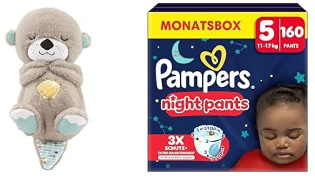 Fisher-Price Schlummer Otter Kuscheltier + Pampers Night Pants Größe 5 (11–17 kg), Newborn Bundle, 160 Stück