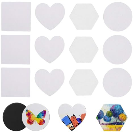 12 Stück Magnetische Leinwände zum Bemalen, 7,5cm Mini Leinwand Set (Herz, Rund, Sechseck, Quadrat), Kleine Baumwolle, für Acryl Öl, Kühlschrank Magnet Deko, Basteln