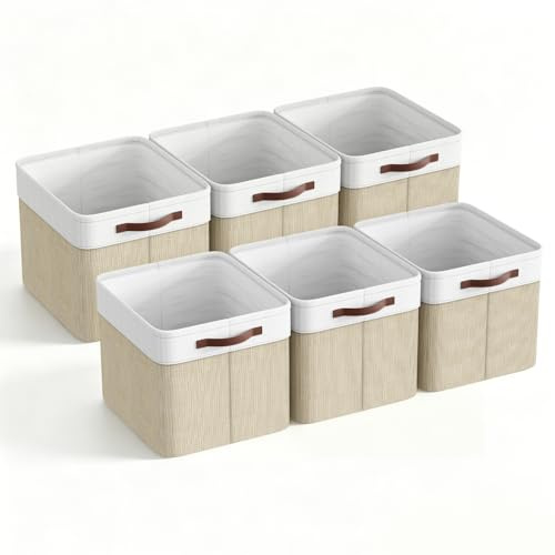 Gvdeirn 6 Pack Cube Storage Boxes 33x38x33cm, Large Foldable Linen Fabric Storage Baskets with Handles, Collapsible Canvas Bins for Clothes, Nursery, Toys, Shelves Unit