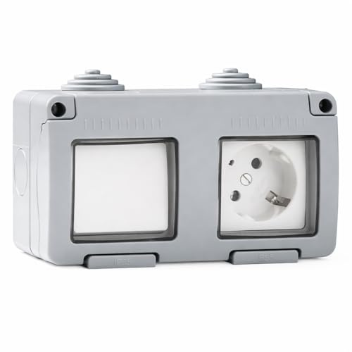 WEBMATEL Conmutador + Base Enchufe Exterior IP55 16A 250V con Tapa de Portección Infantil