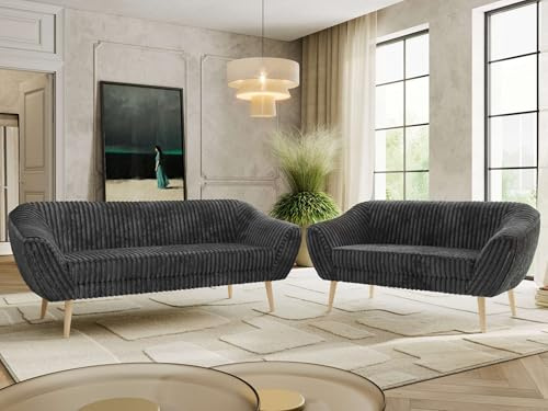 MKS MEBLE Sofagarnitur PIRS 3 + 2 - Couchgarnitur im skandinavischen Design, Gesteppte Polsterung, Wellenfederung, Wohnzimmer Sofa Set - Buche Beine, Dunkelgrau Cord