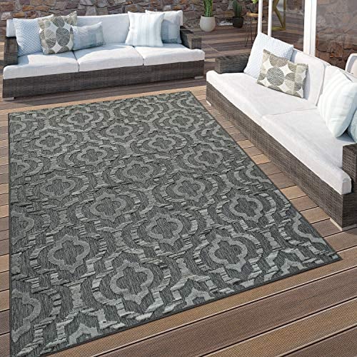 Paco Home In- & Outdoor Terrassen Teppich Ethno Muster Bordüre Wetterfest Modern In Grau, Grösse:160x230 cm