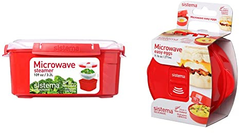 Sistema Microwave Food Steamer with Removable Steamer Basket | Large 3.2 L | Red/Clear & 1117ZS Microwave Egg Cooker Easy Eggs, 271 ml - Red
