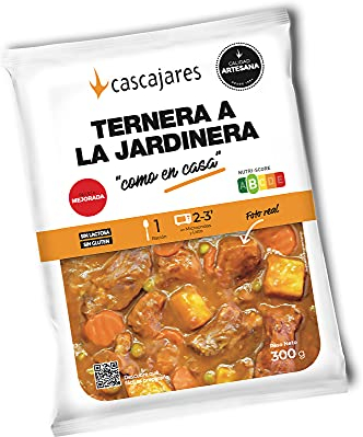CASCAJARES - Guiso de Ternera en salsa Jardinera como en casa - un sabroso guiso listo para comer con tres minutos de microondas. Sin gluten ni lactosa, una ración y dos meses de caducidad.
