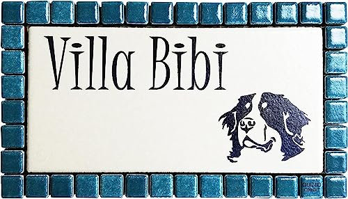 GUIZZO Creart - Targa Personalizzata Nomi/Via in Ceramica, Targhetta Modificabile con Cornice Mosaico, Porta Ingresso con Numero Civico Esterno Made in Italy 17x9.5H cm, Panna/Verde Scuro