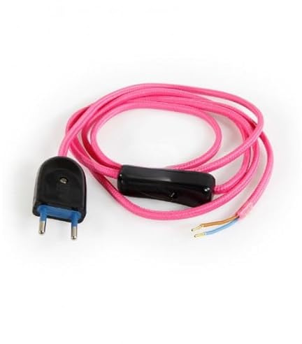 LnD - Câble Électrique d'Alimentation Pré Monté avec Prise et Interrupteur - Fils Dénudés - Fiche Mâle - Pour Luminaires et Lampes - Couleur Rose