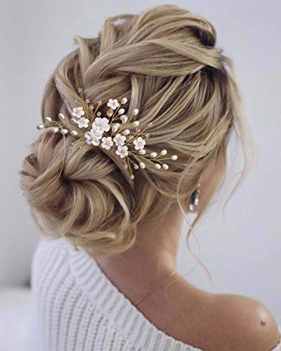 Edary - Peignes à cheveux de mariée en forme de fleur avec cristaux dorés et perles roses pour femmes et filles (doré)