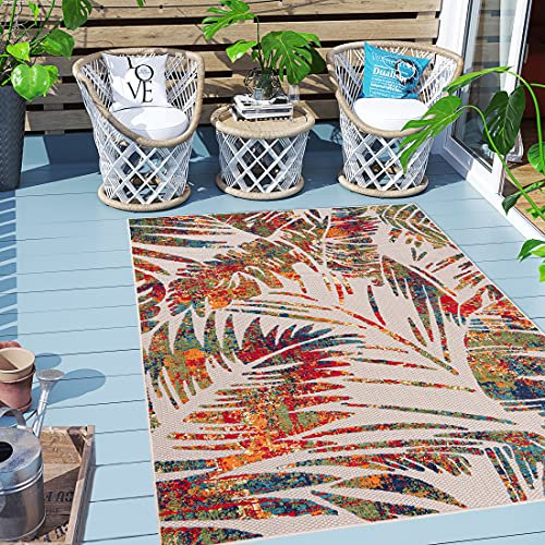 Carpeto Rugs Blattmuster In- & Outdoor Teppich Wetterfest für Balkon, Terasse - Balkon Teppich Wasserfest - Outdoorteppich Wetterfest - Aussenteppich Terrasse Groß - Mehrfarbig Bunt 1-140 x 200 cm