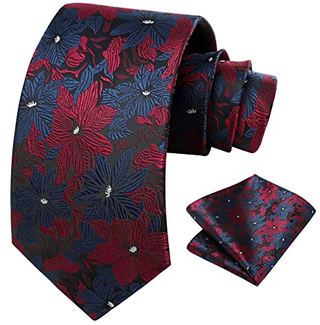 HISDERN Blue & Red Tie for Men Floral Wedding Ties Handkerchief Elegant Business Party Blossom Necktie & Pocket Square Set