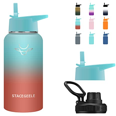 STACEGEELE Insulated Vacuum Water Bottle with Straw Lid Stainless Steel Flask Thermos for Boys and Girls Leak Proof Lightweight Eco Friendly 32oz