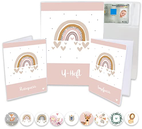 Minilino U Heft Hülle 3-teiliges Premium Set für Impfpass, Reisepass [ SCHÜTZT WICHTIGE DOKUMENTE ] Organizer für Untersuchungsheft und Reiseunterlagen | für Mädchen, Regenbogen rosa